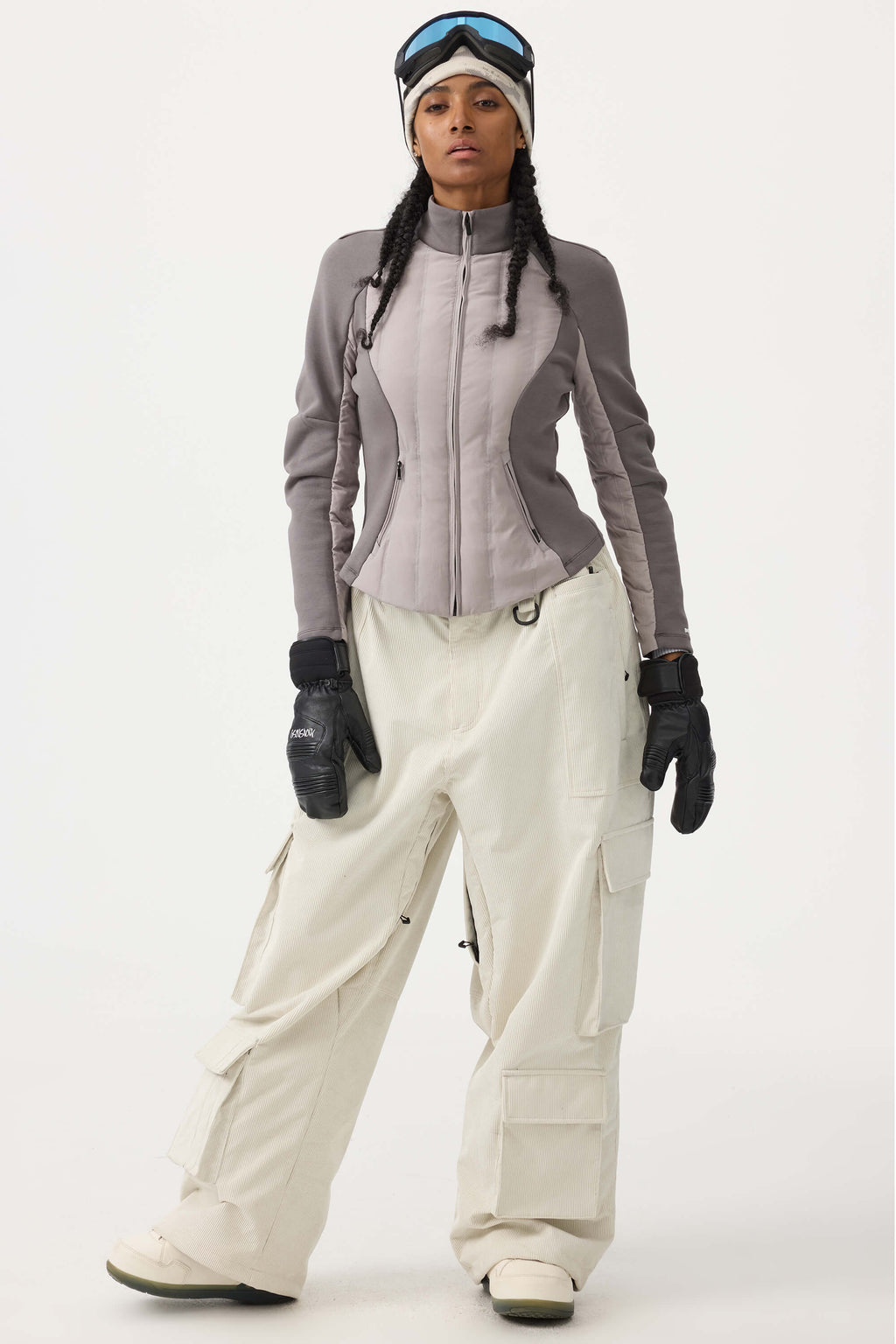 Women's Khaki Baggy Multi-Pocket Ski Pants Corduroy Snow Pants