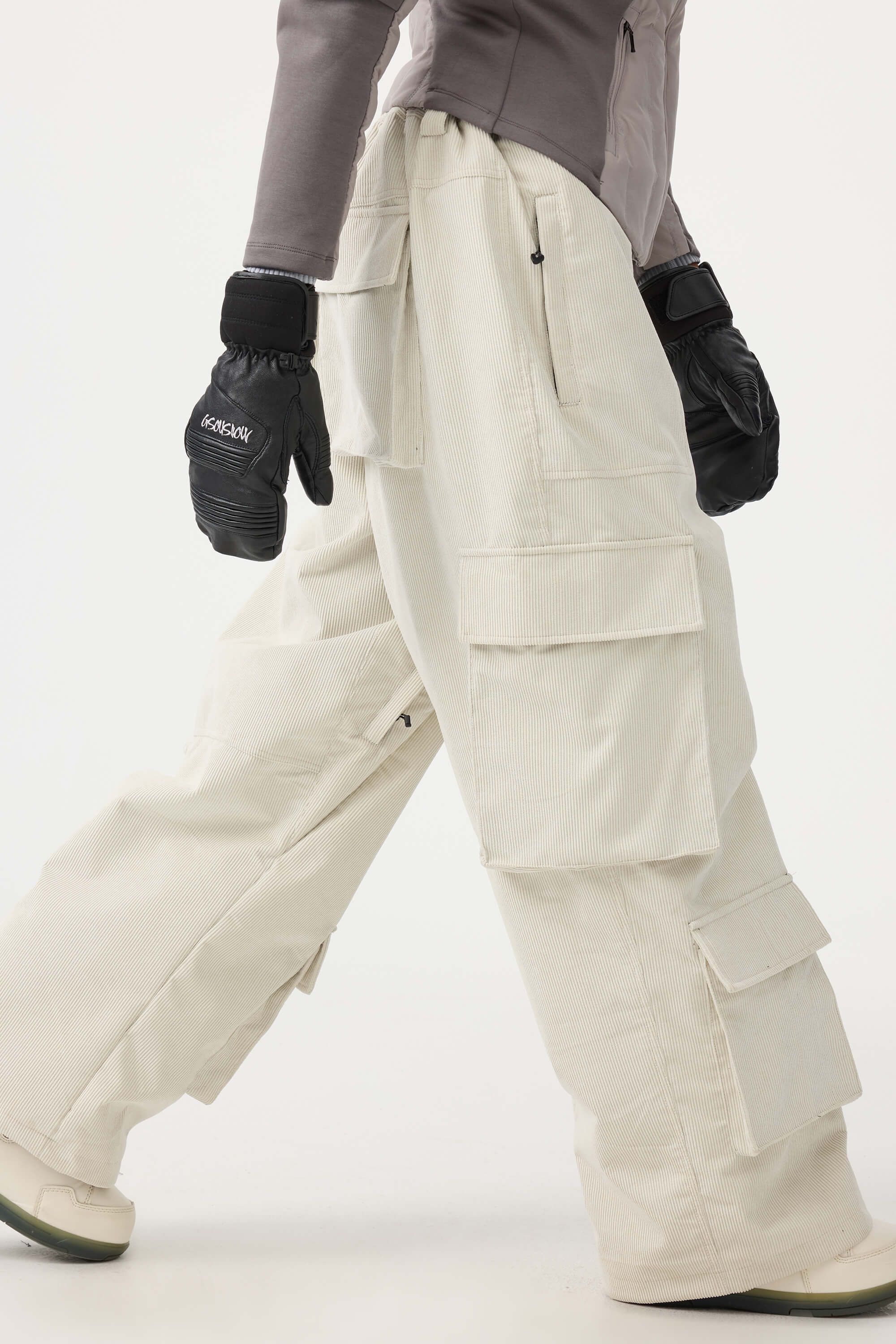 Women's Burgundy Baggy Multi-Pocket Ski Pants Corduroy Snow Pants