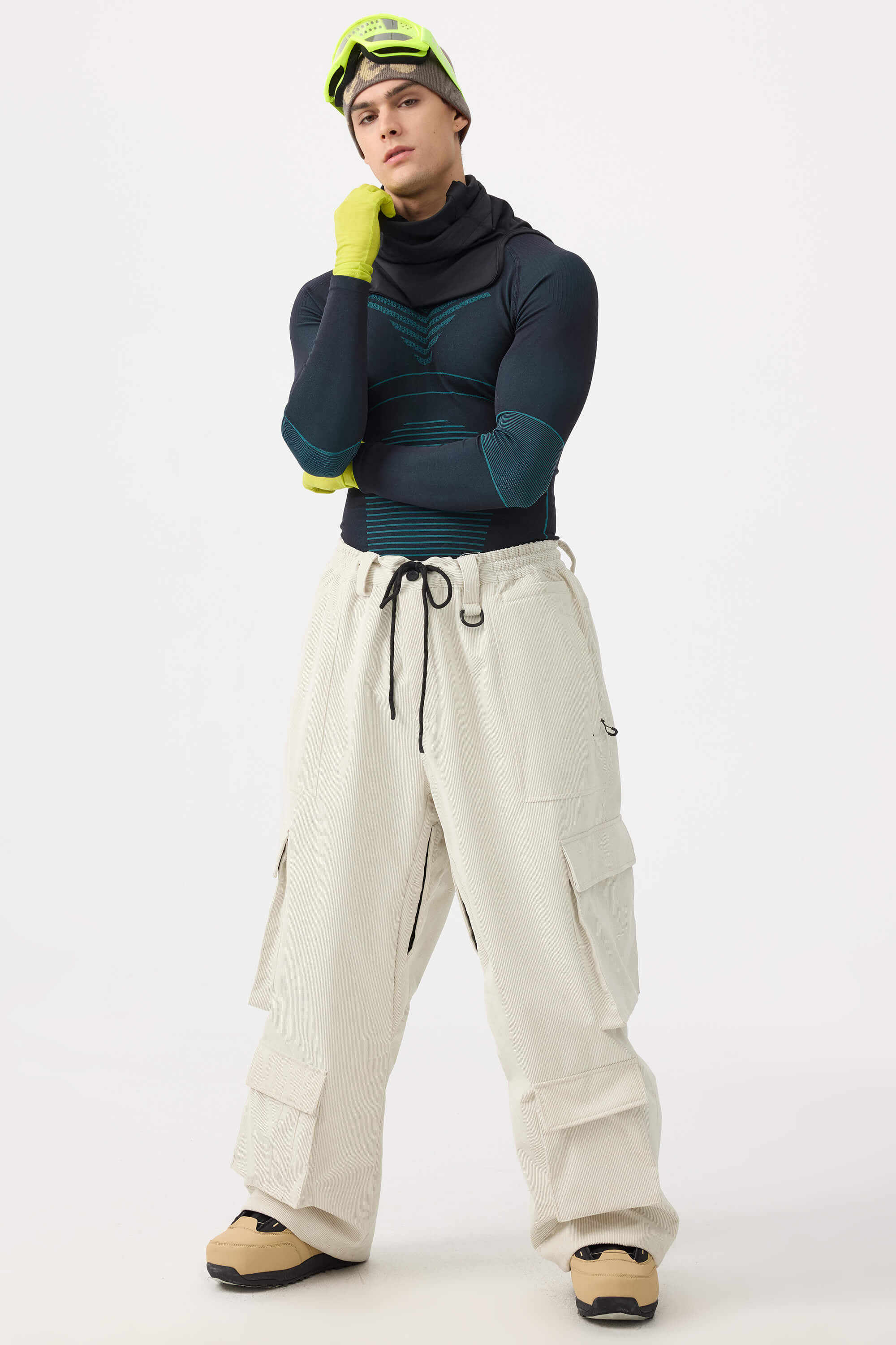 Men's Beige Baggy Multi-Pocket Snow Pants Corduroy Ski Pants - Gsou Snow