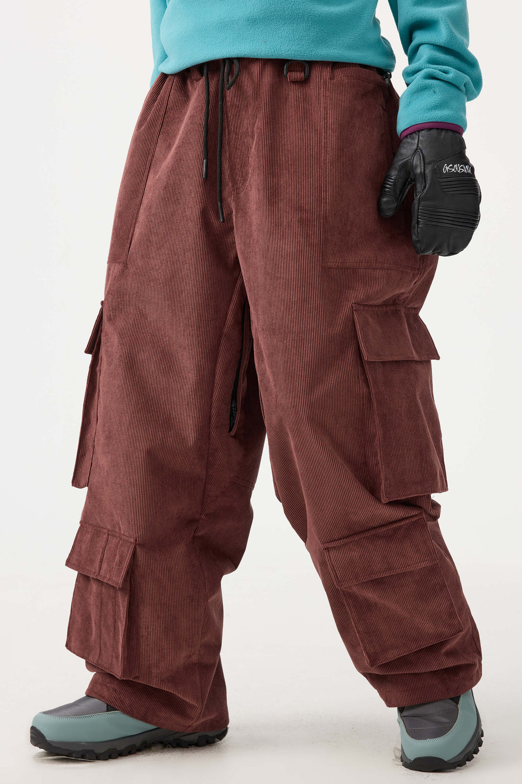 Women's Khaki Baggy Multi-Pocket Ski Pants Corduroy Snow Pants