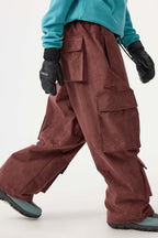 Women's Burgundy Baggy Multi-Pocket Ski Pants Corduroy Snow Pants