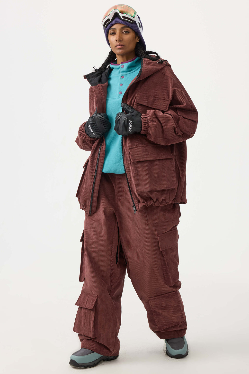 Women's Burgundy Baggy Multi-Pocket Ski Pants Corduroy Snow Pants