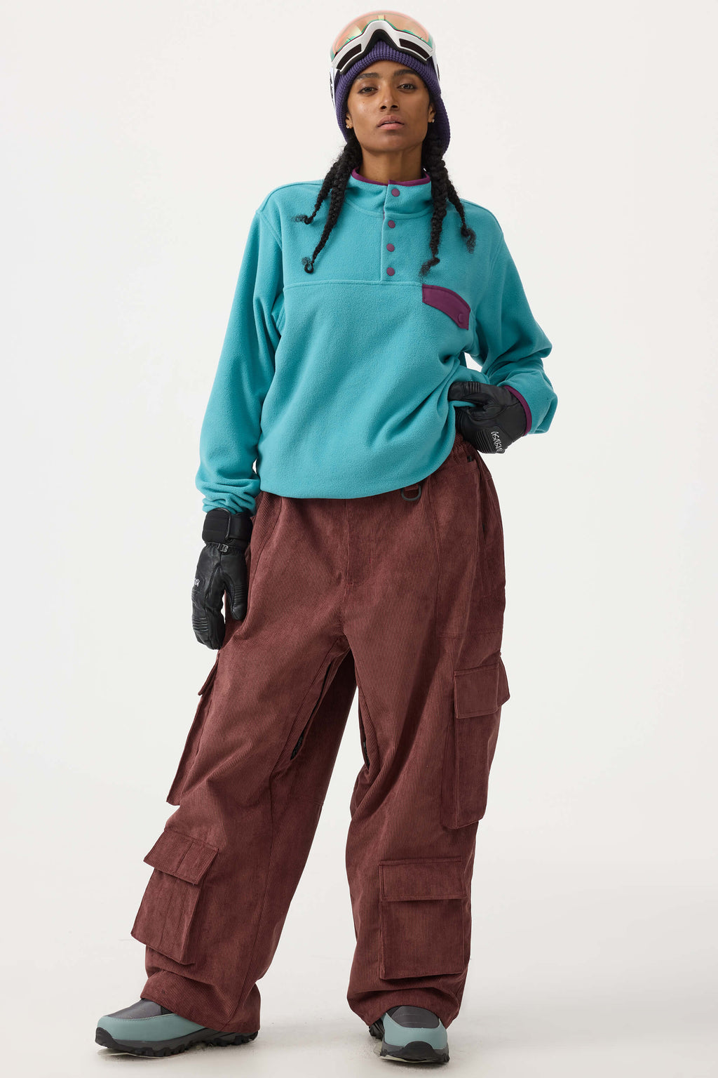 Women's Khaki Baggy Multi-Pocket Ski Pants Corduroy Snow Pants