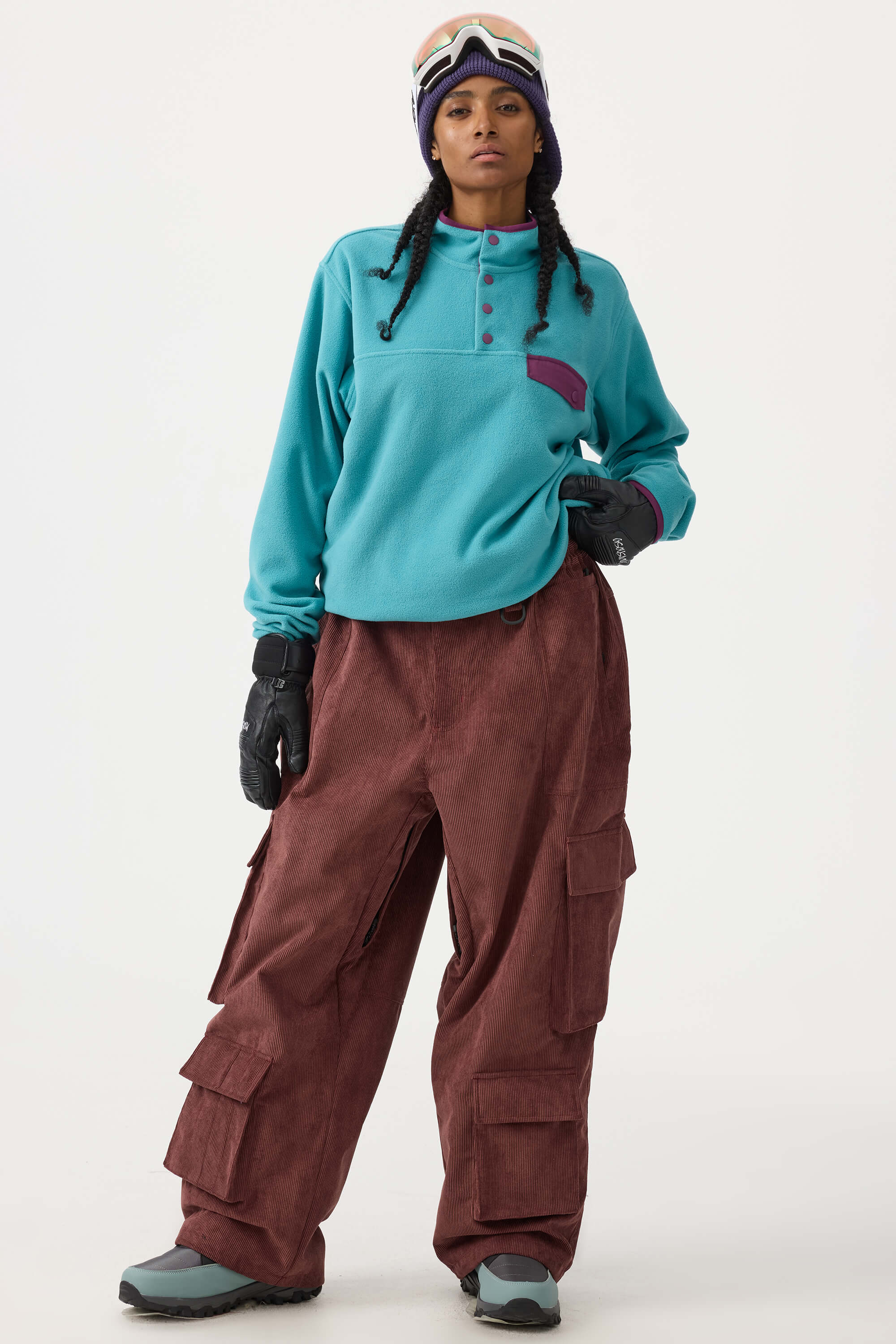 Women's Burgundy Baggy Multi-Pocket Ski Pants Corduroy Snow Pants