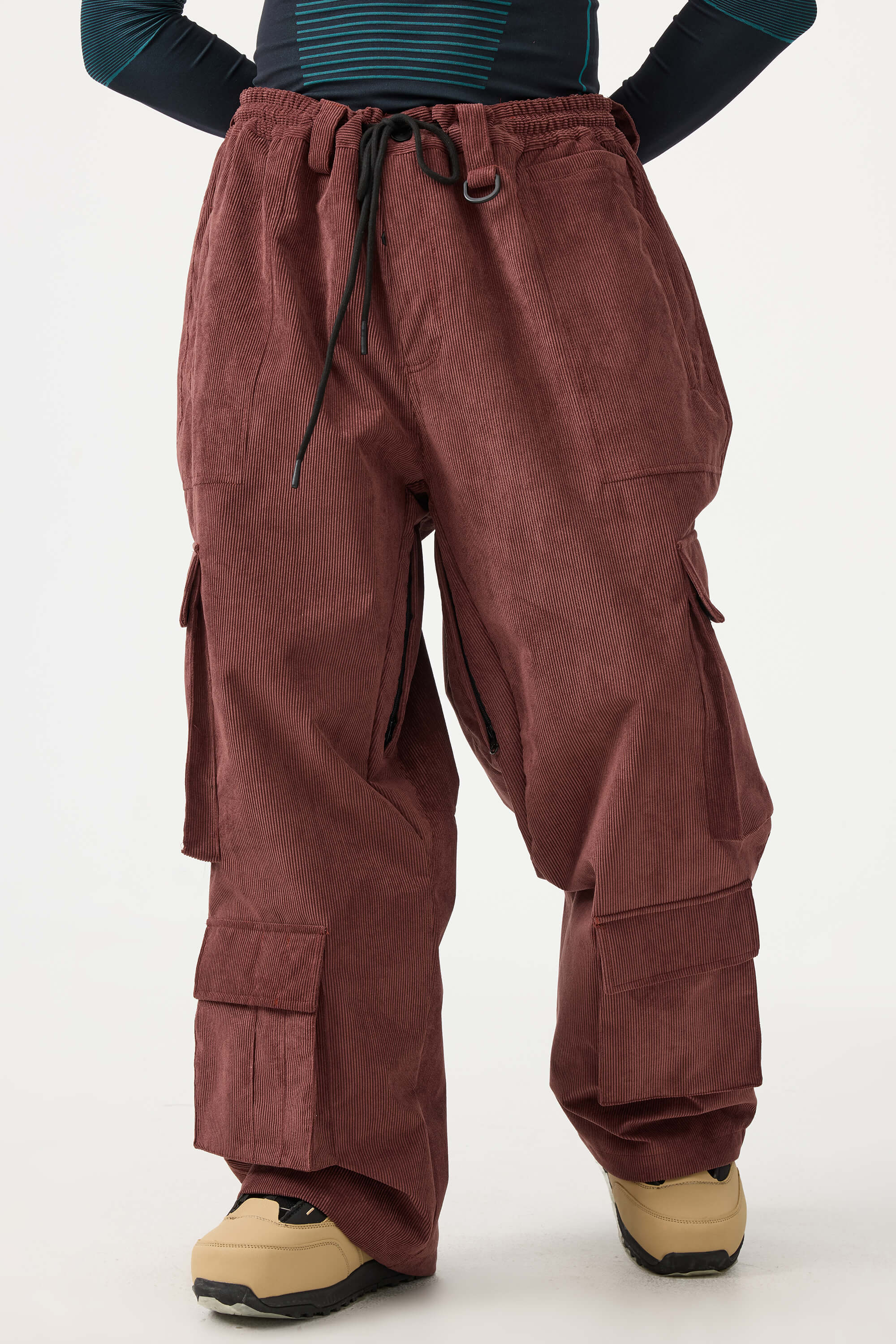 Men's Khaki Baggy Multi-Pocket Ski Pants Corduroy Snow Pants