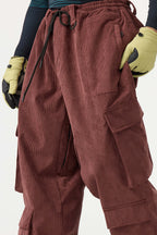 Men's Burgundy Baggy Multi-Pocket Ski Pants Corduroy Snow Pants