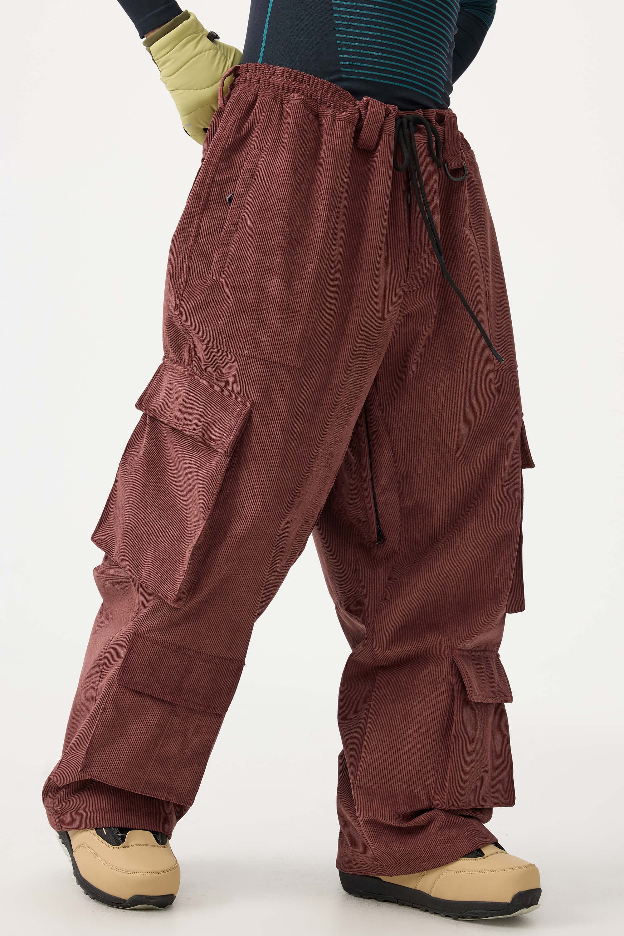 Men's Khaki Baggy Multi-Pocket Ski Pants Corduroy Snow Pants
