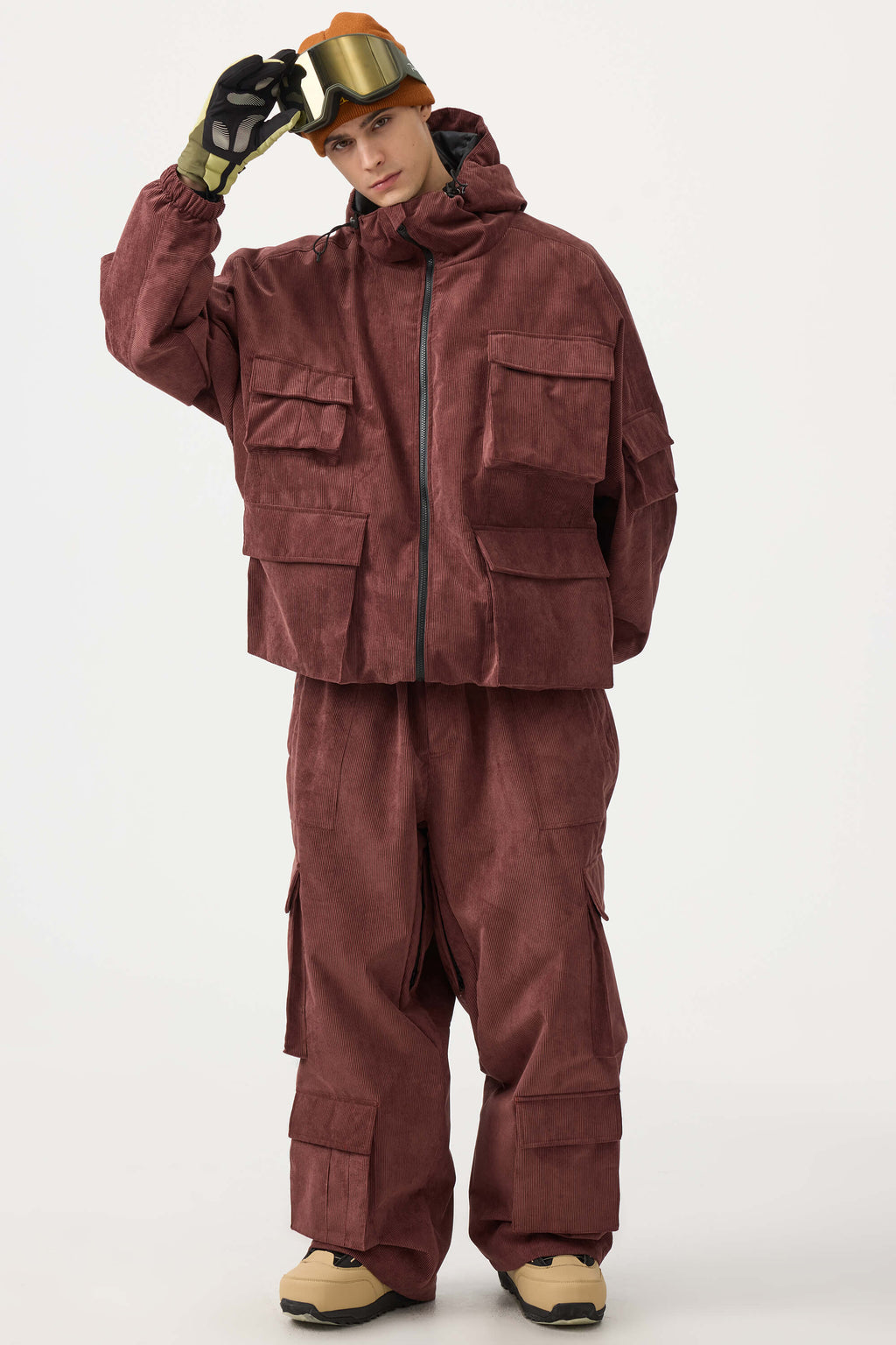 Men's Khaki Baggy Multi-Pocket Ski Pants Corduroy Snow Pants
