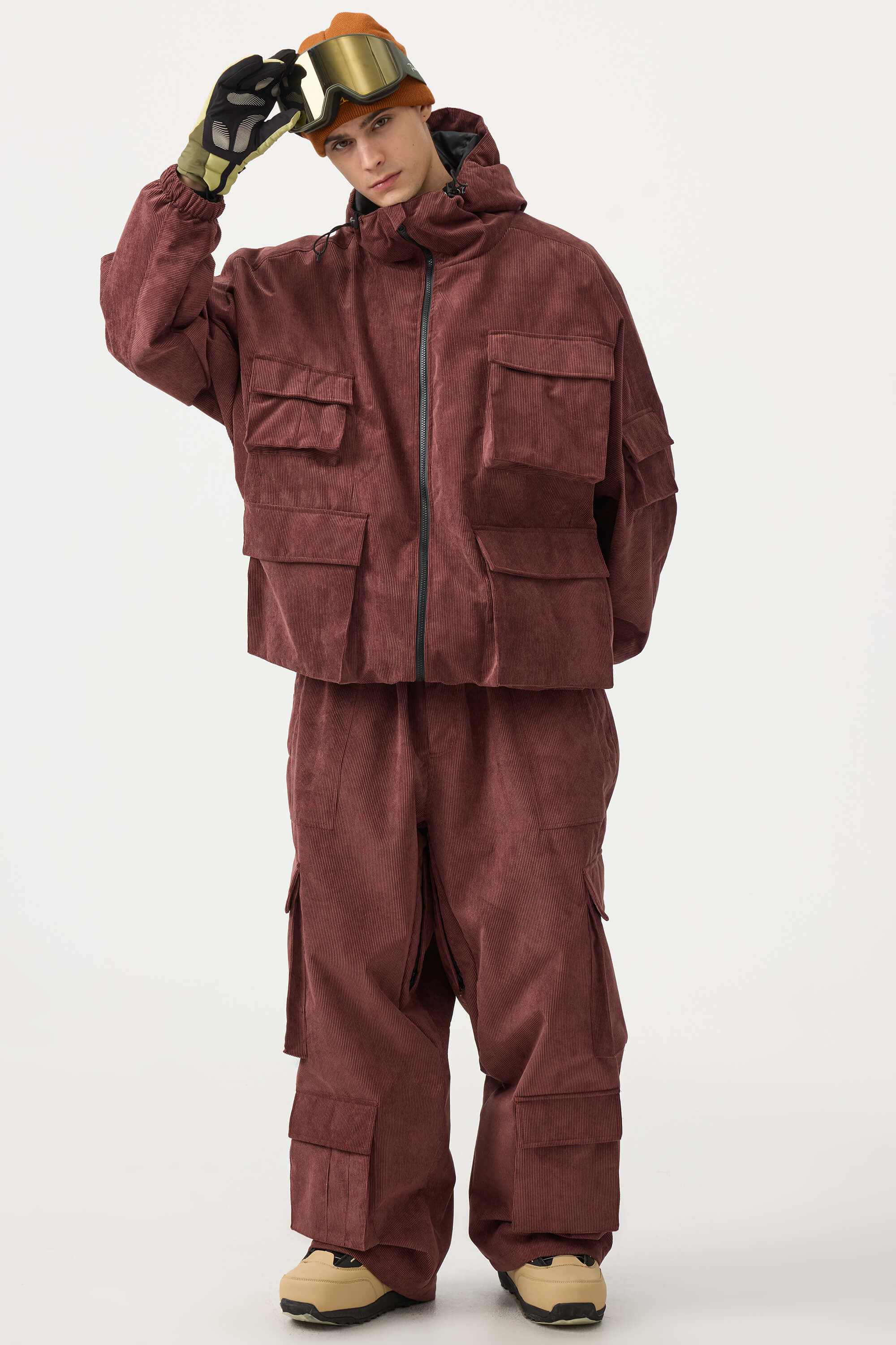 Men's Beige Baggy Multi-Pocket Ski Pants Corduroy Snow Pants
