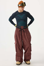Men's Burgundy Baggy Multi-Pocket Ski Pants Corduroy Snow Pants