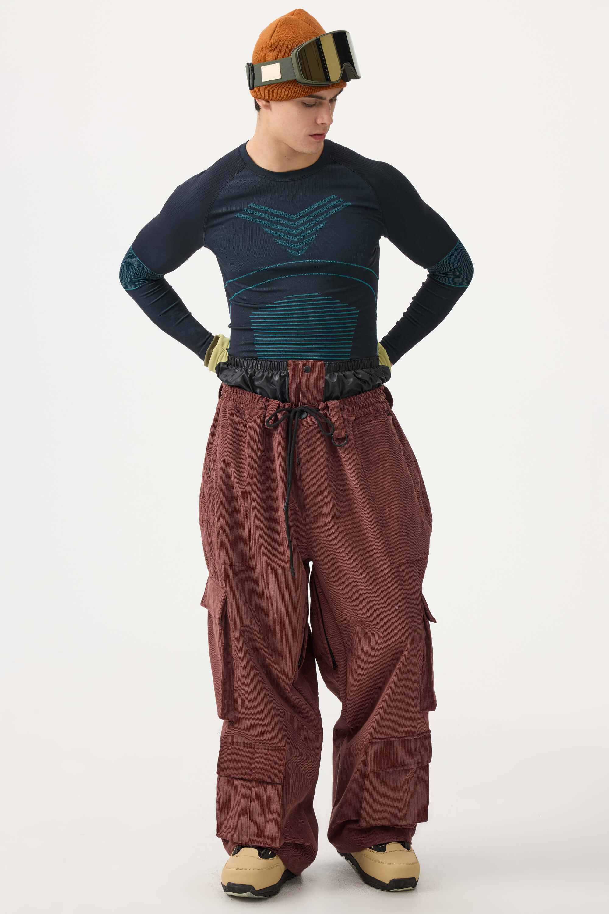 Men's Khaki Baggy Multi-Pocket Ski Pants Corduroy Snow Pants