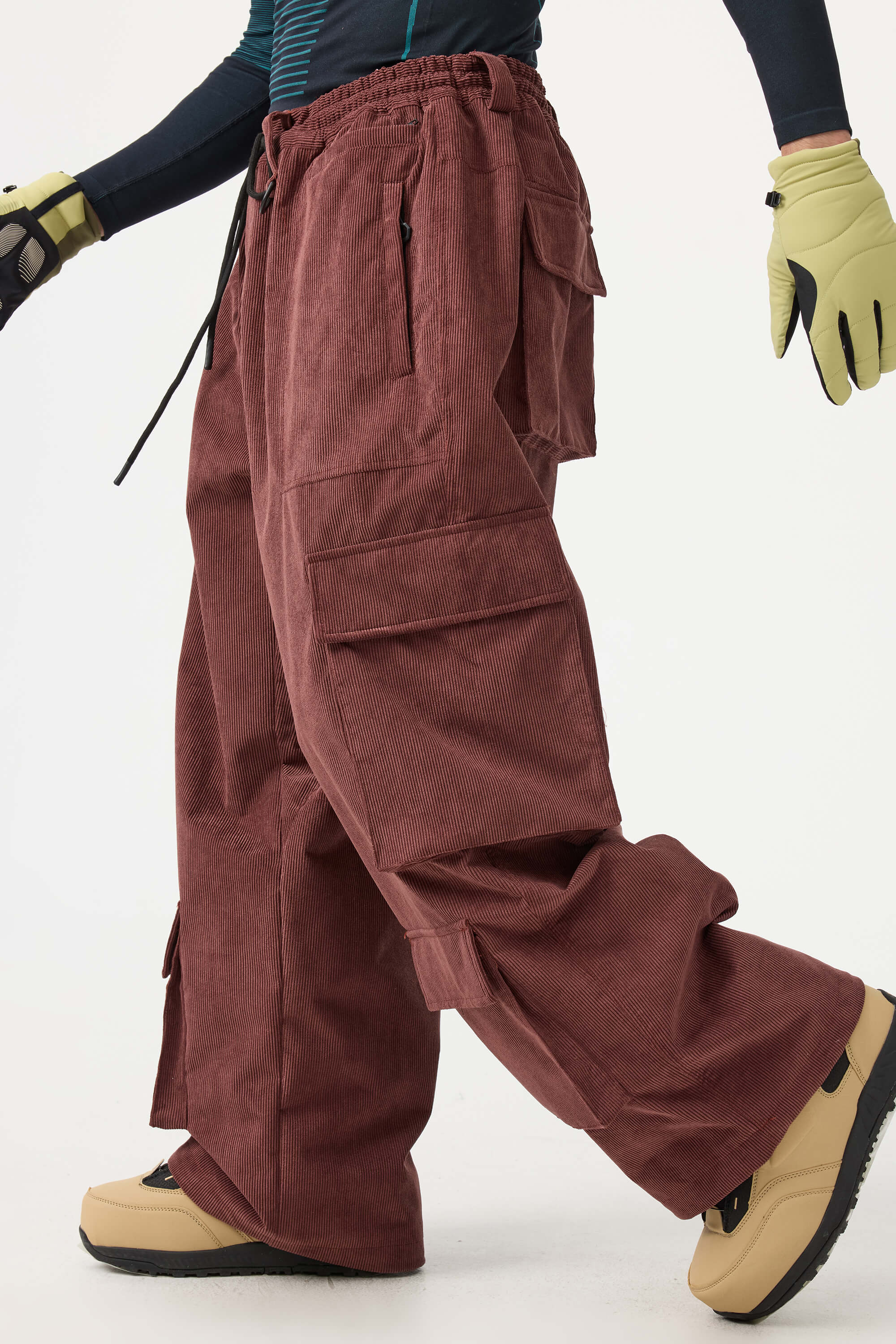 Men's Beige Baggy Multi-Pocket Ski Pants Corduroy Snow Pants