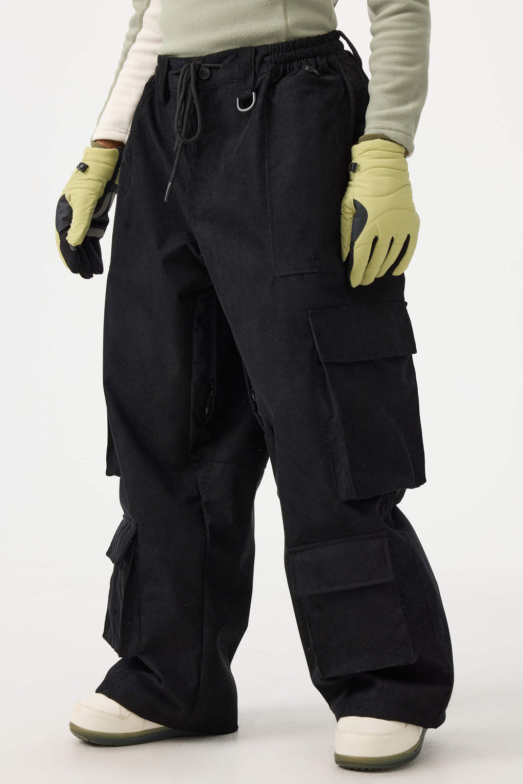 Women's Khaki Baggy Multi-Pocket Ski Pants Corduroy Snow Pants