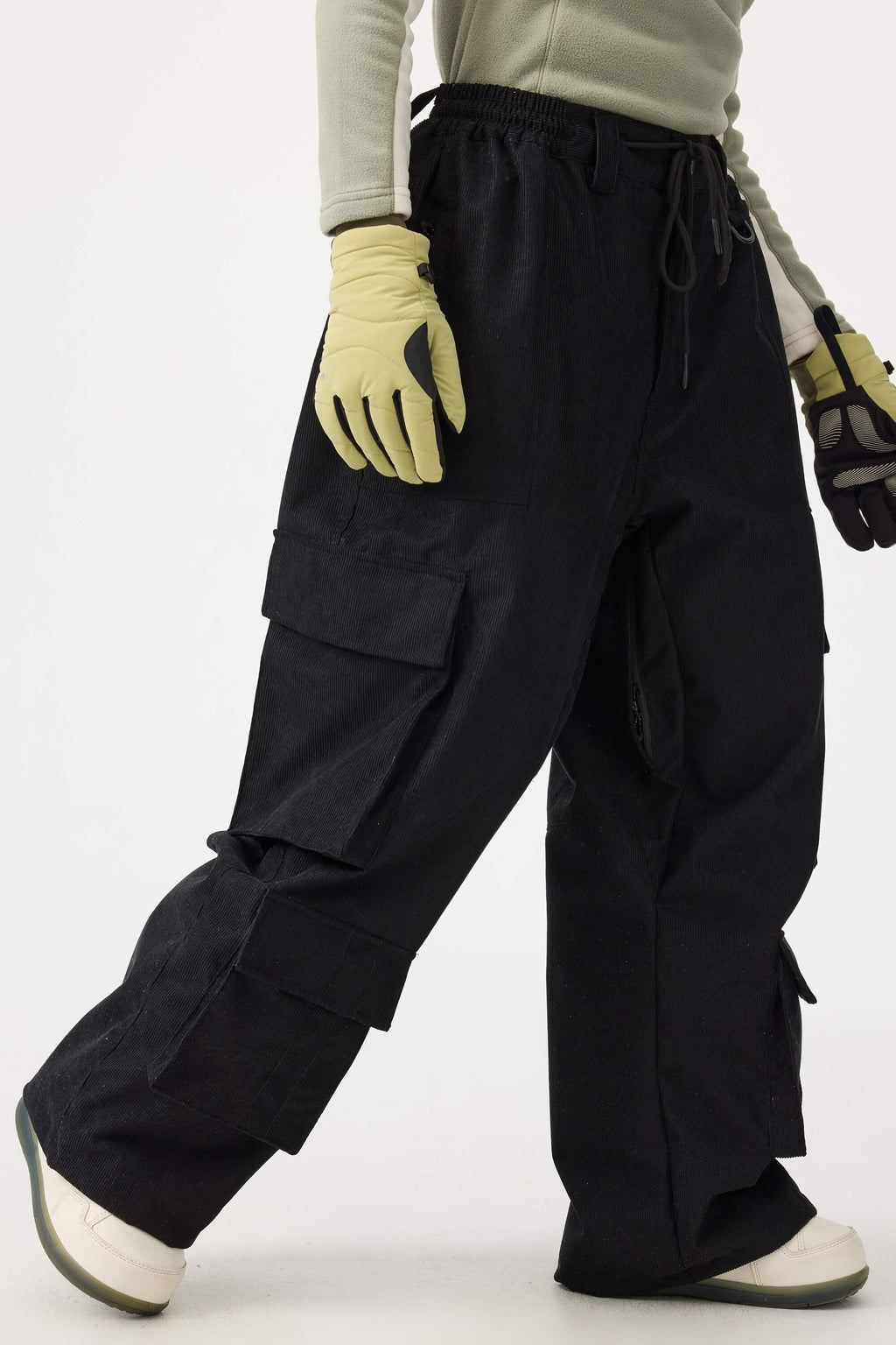 Women's Black Baggy Multi-Pocket Ski Pants Corduroy Snow Pants