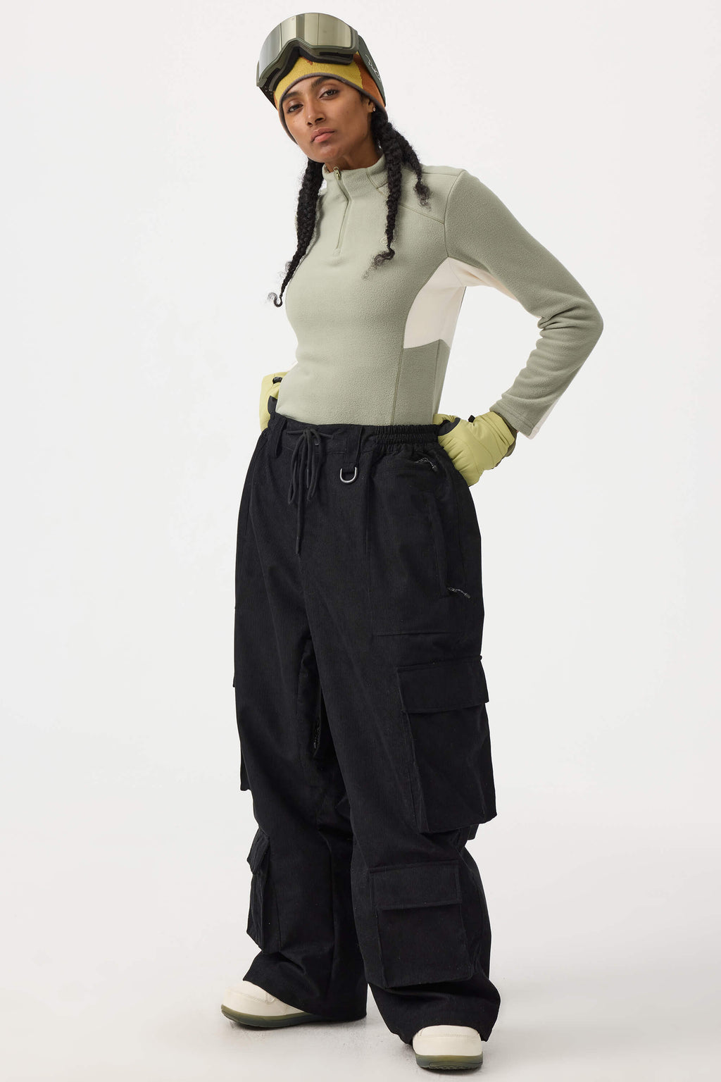 Women's Khaki Baggy Multi-Pocket Ski Pants Corduroy Snow Pants