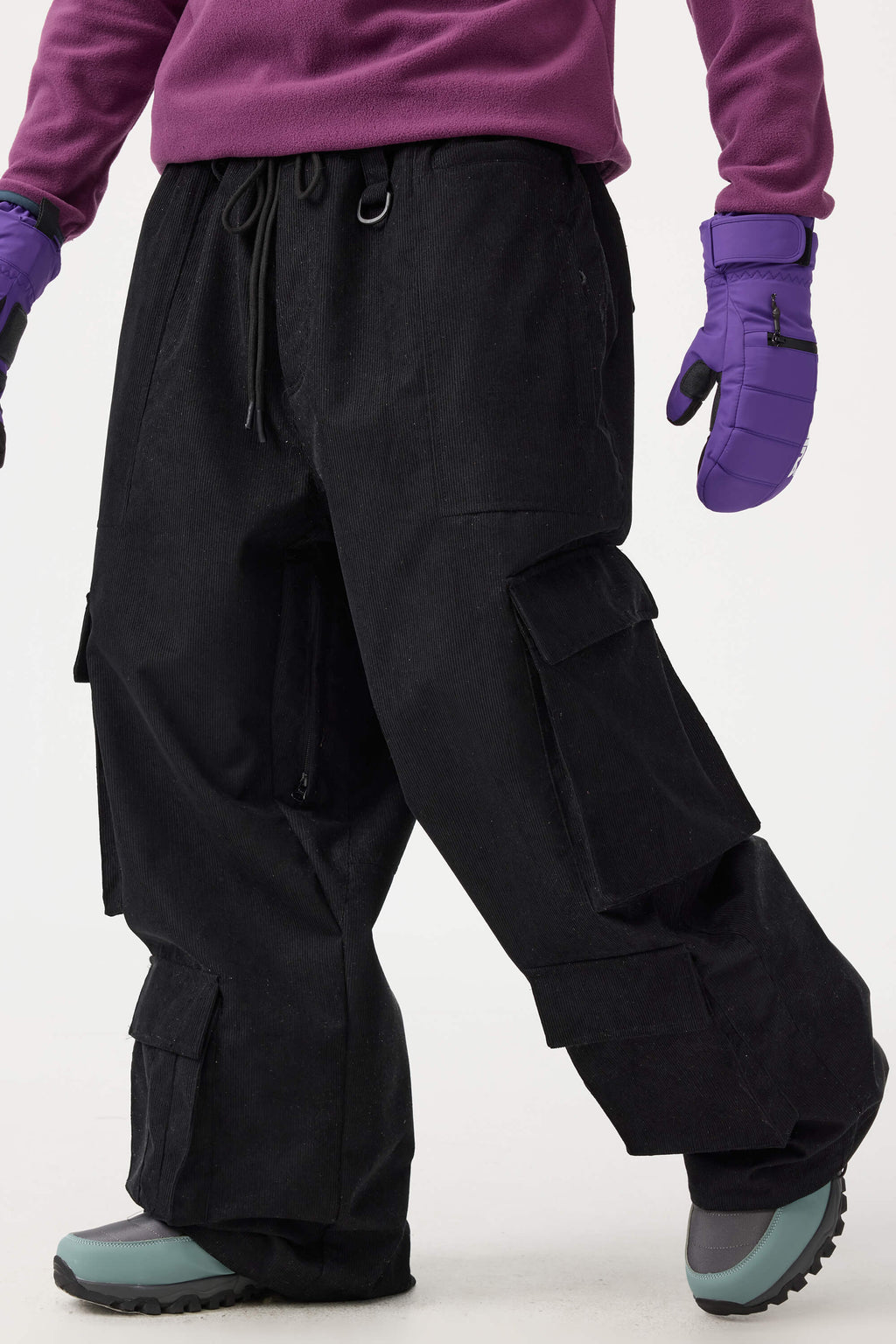 Men's Khaki Baggy Multi-Pocket Ski Pants Corduroy Snow Pants