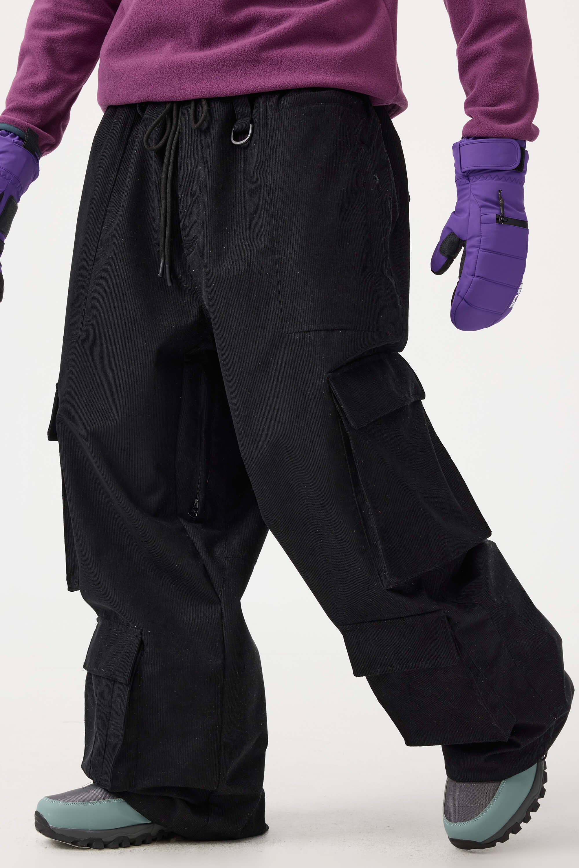 Men's Burgundy Baggy Multi-Pocket Ski Pants Corduroy Snow Pants