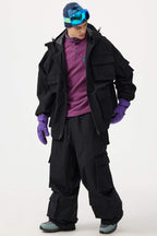 Men's Burgundy Baggy Multi-Pocket Ski Pants Corduroy Snow Pants