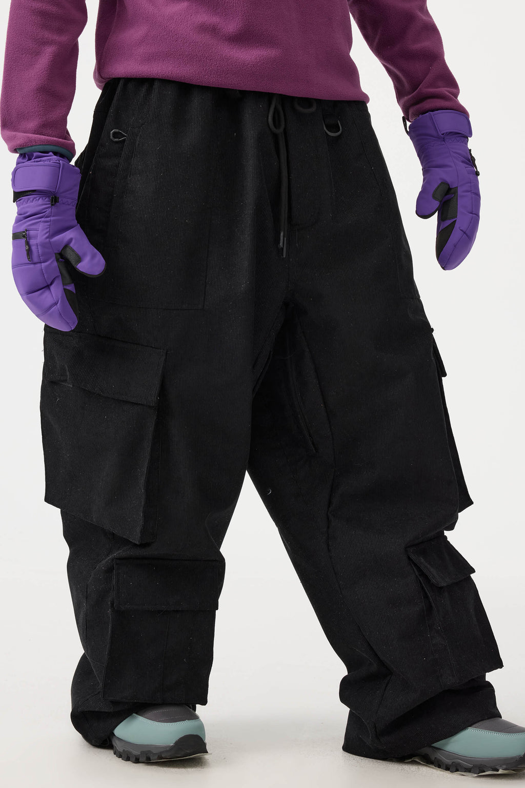 Men's Burgundy Baggy Multi-Pocket Ski Pants Corduroy Snow Pants