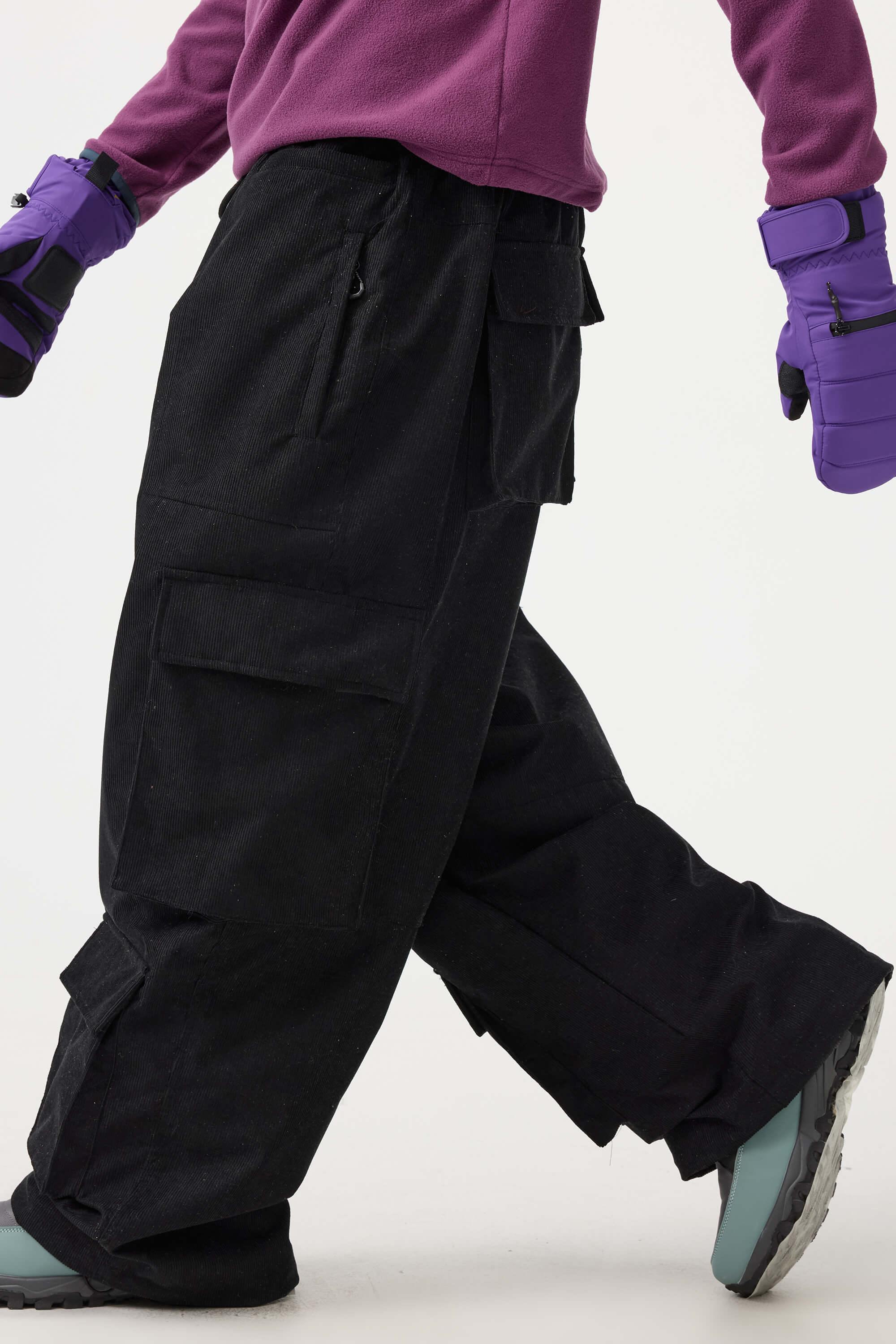 Men's Black Baggy Multi-Pocket Ski Pants Corduroy Snow Pants