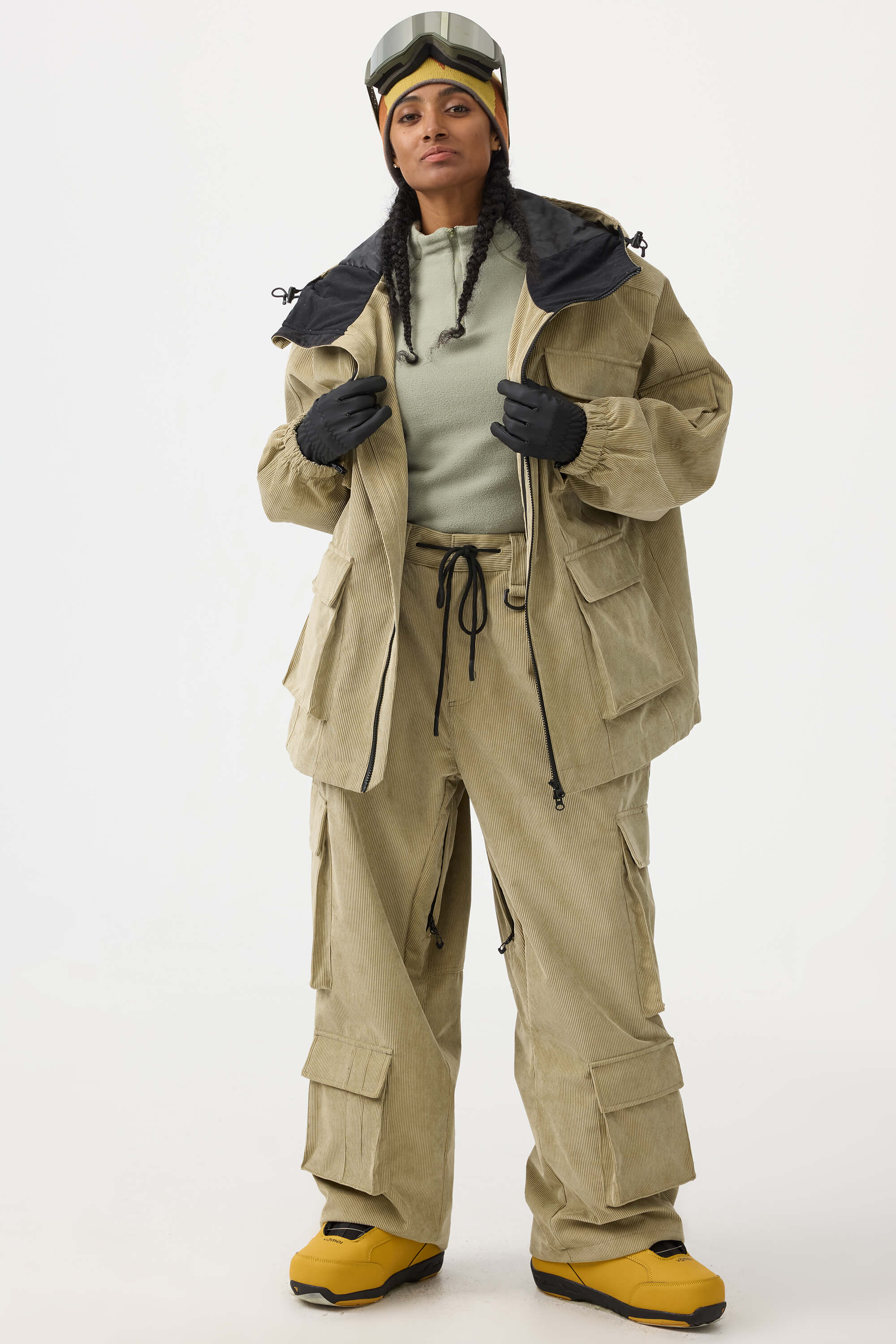 Women's Beige Baggy Multi-Pocket Snow Pants Corduroy Ski Pants - Gsou Snow