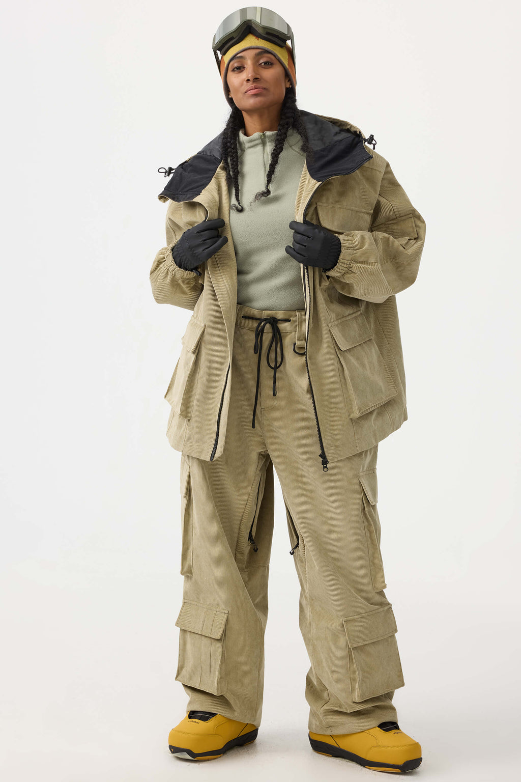 Women's Black Baggy Multi-Pocket Ski Pants Corduroy Snow Pants