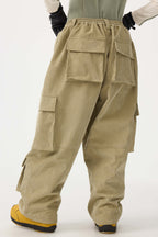 Women's Khaki Baggy Multi-Pocket Ski Pants Corduroy Snow Pants
