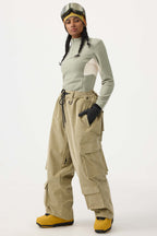 Women's Burgundy Baggy Multi-Pocket Ski Pants Corduroy Snow Pants