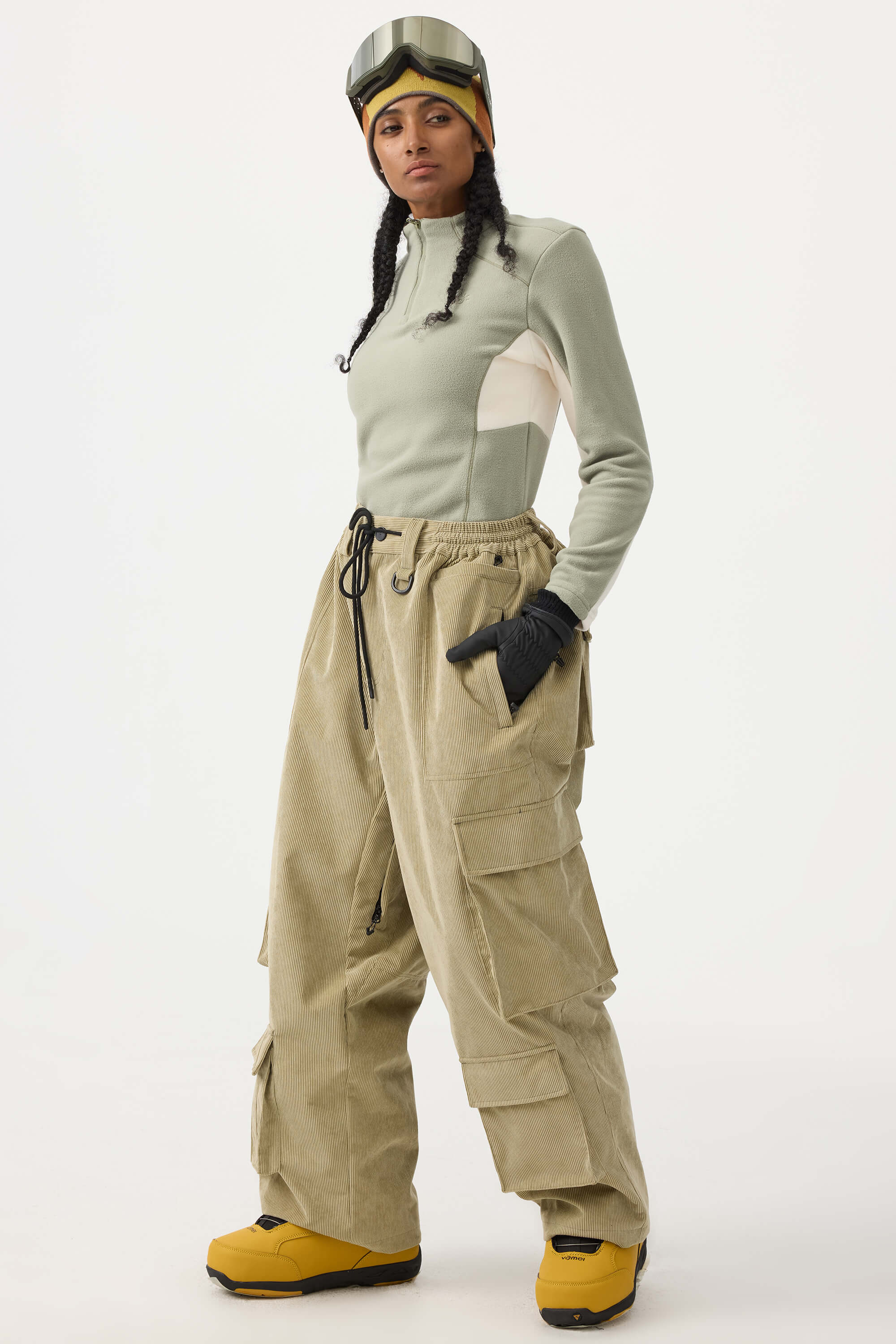 Women's Beige Baggy Multi-Pocket Ski Pants Corduroy Snow Pants
