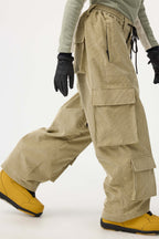 Women's Khaki Baggy Multi-Pocket Ski Pants Corduroy Snow Pants