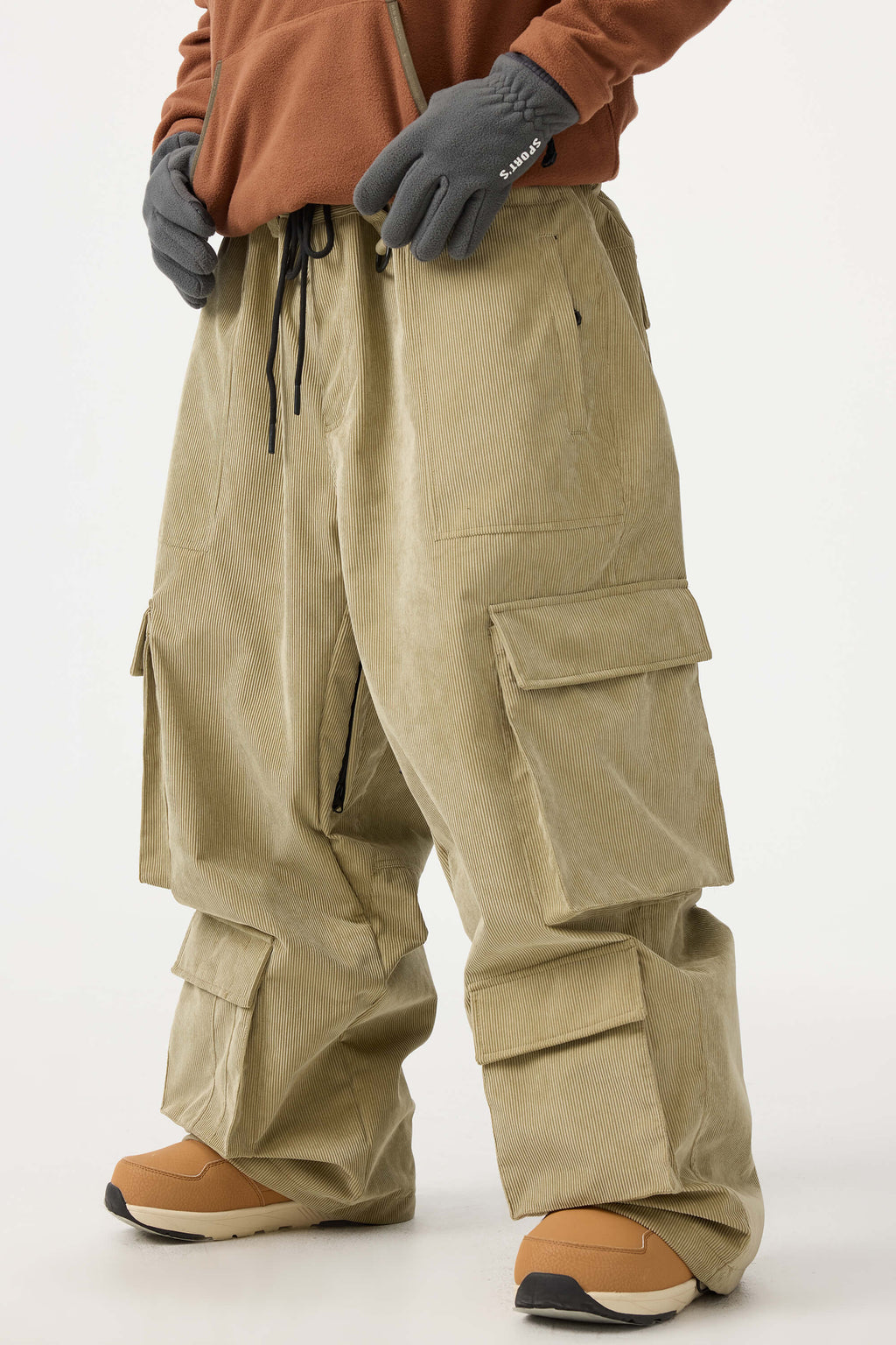 Men's Beige Baggy Multi-Pocket Ski Pants Corduroy Snow Pants