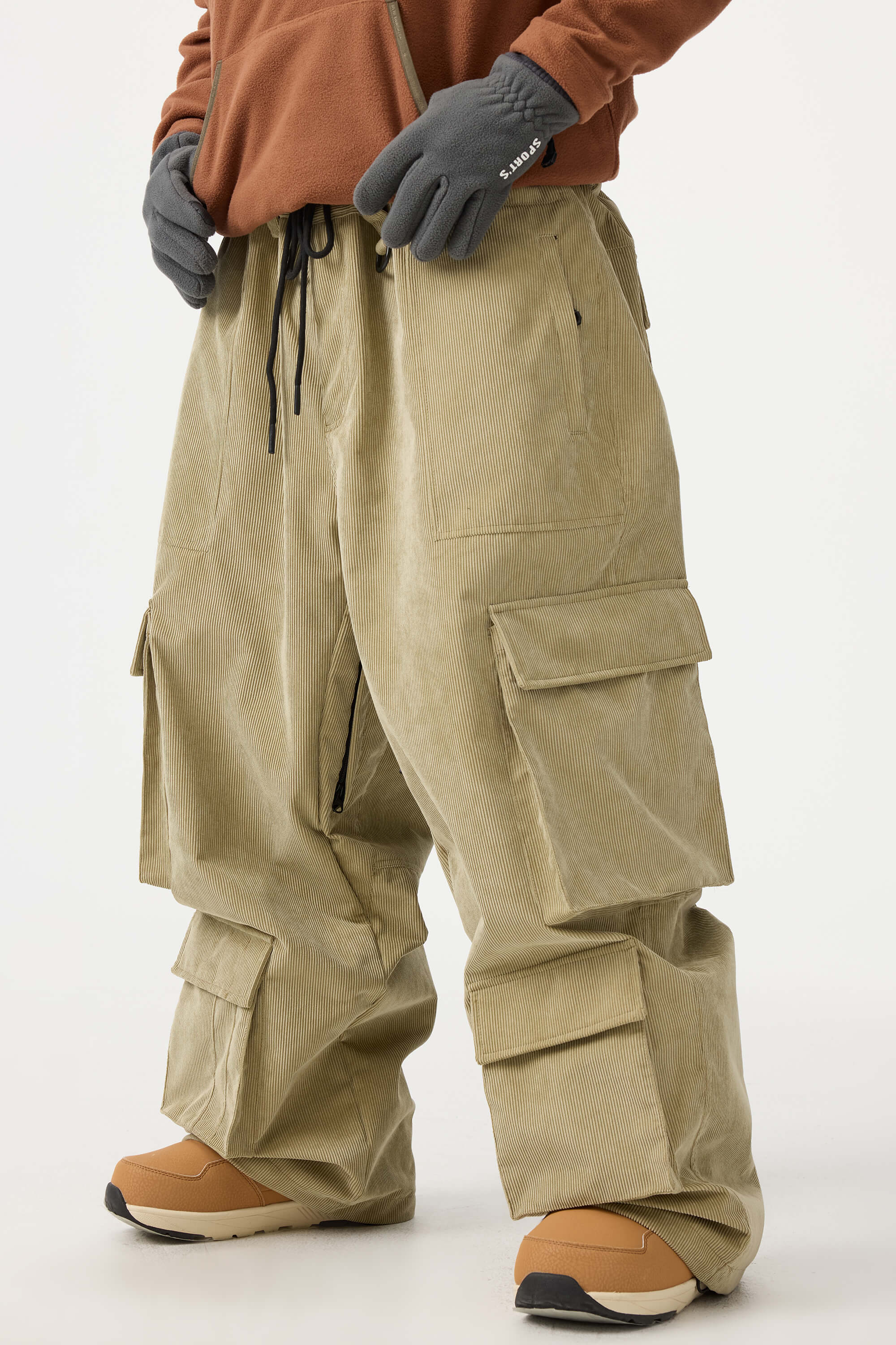 Men's Khaki Baggy Multi-Pocket Ski Pants Corduroy Snow Pants Main image
