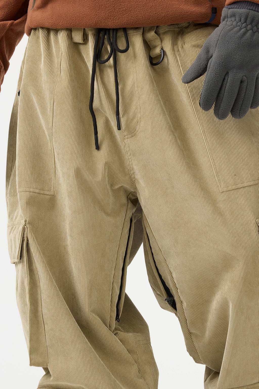 Men's Burgundy Baggy Multi-Pocket Ski Pants Corduroy Snow Pants