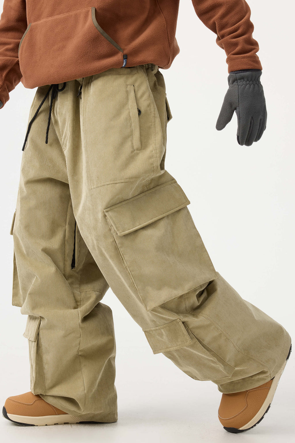 Men's Burgundy Baggy Multi-Pocket Ski Pants Corduroy Snow Pants
