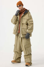 Men's Burgundy Baggy Multi-Pocket Ski Pants Corduroy Snow Pants