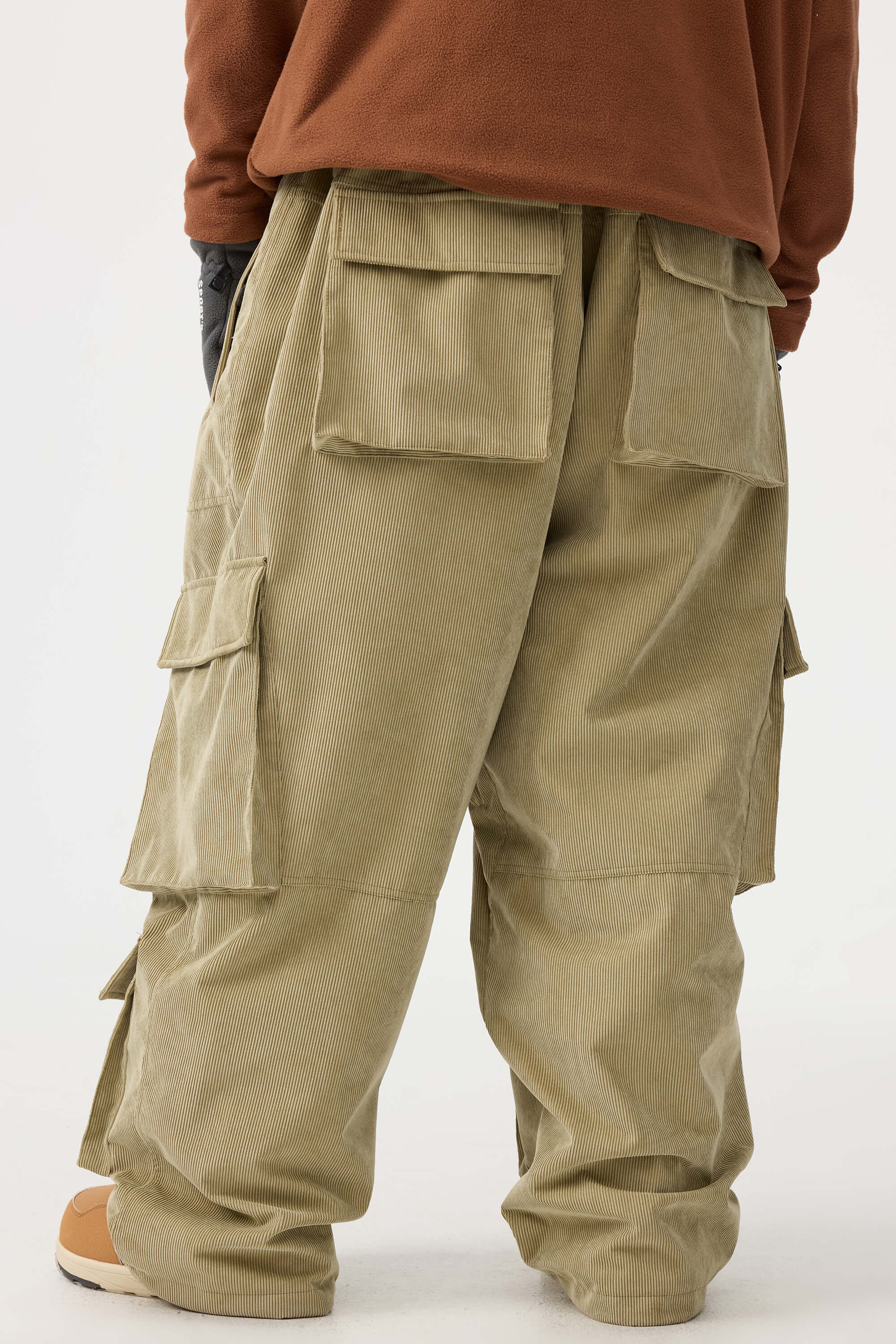 Men's Beige Baggy Multi-Pocket Ski Pants Corduroy Snow Pants