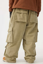 Men's Khaki Baggy Multi-Pocket Ski Pants Corduroy Snow Pants