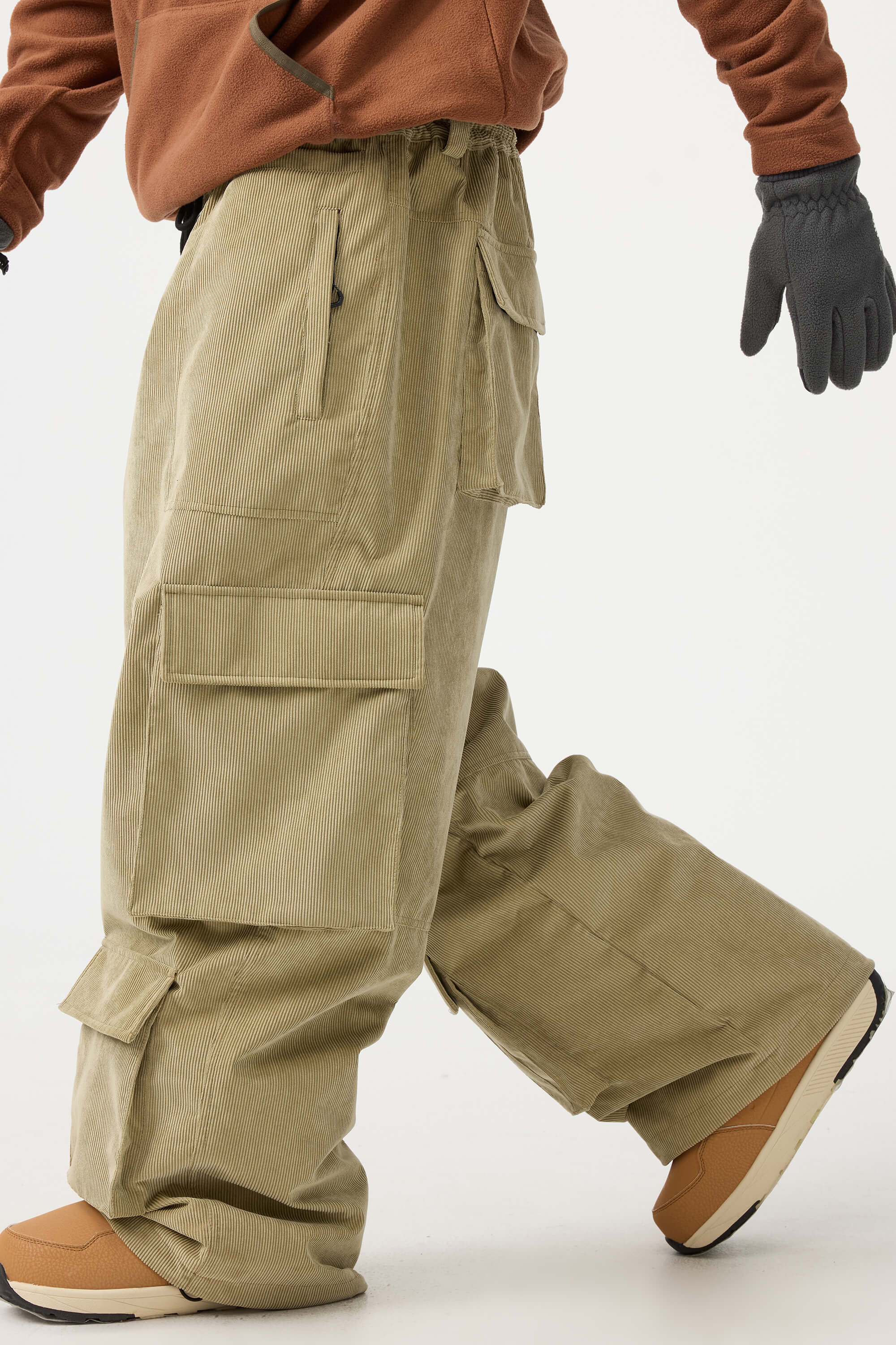 Men's Black Baggy Multi-Pocket Ski Pants Corduroy Snow Pants