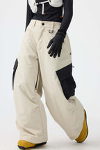 Women's Black Baggy Color-Blocked Ski Pants Cargo Pocket Snow Pants