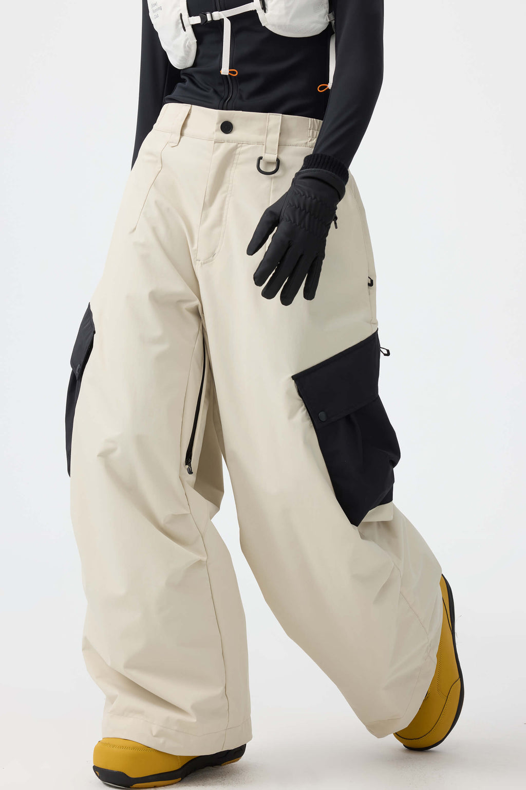 Women's Beige Baggy Color-Blocked Ski Pants Cargo Pocket Snow Pants