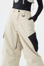 Women's Black Baggy Color-Blocked Ski Pants Cargo Pocket Snow Pants