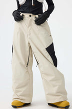 Women's Coffee Baggy Color-Blocked Ski Pants Cargo Pocket Snow Pants