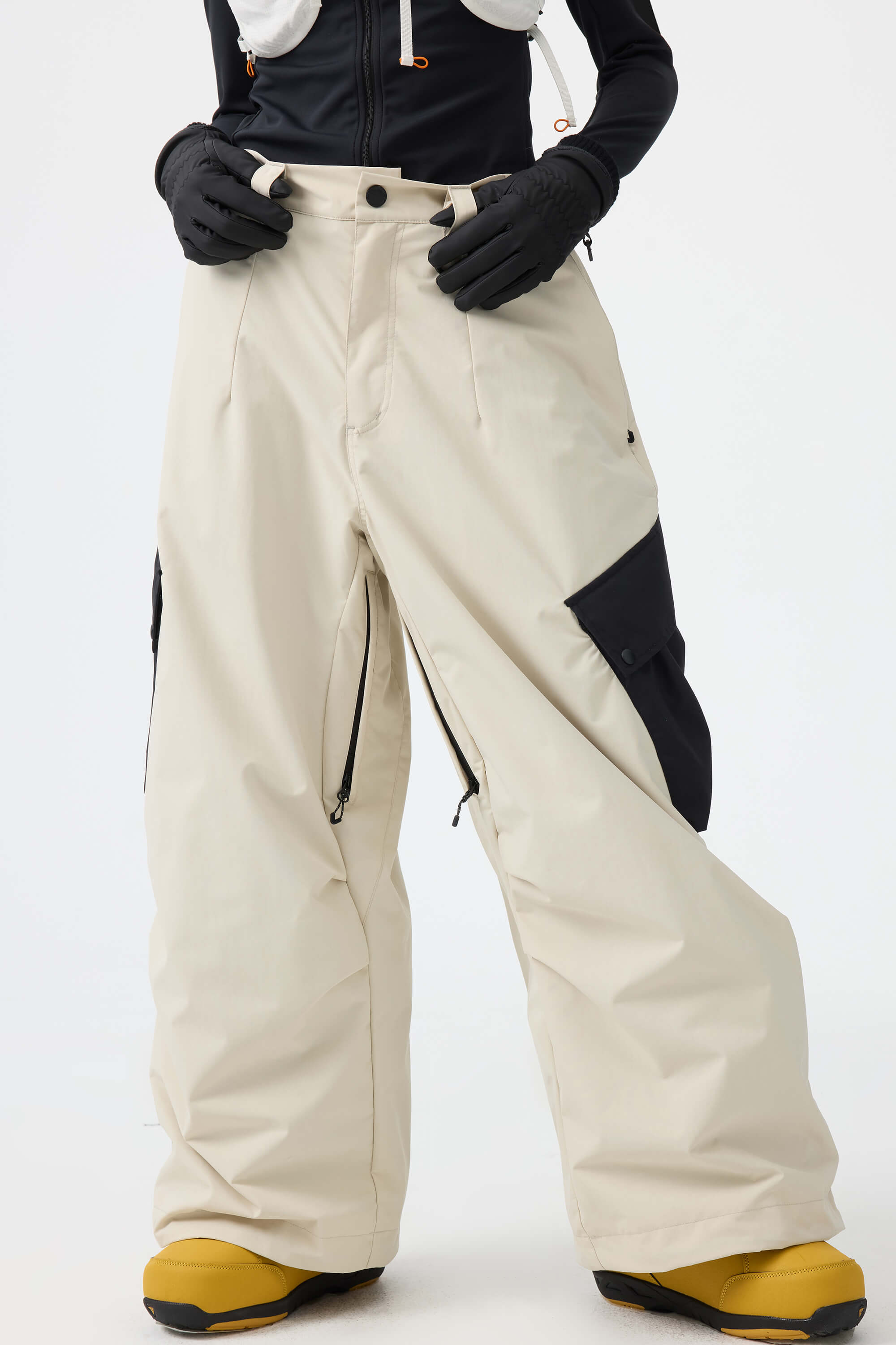 Women's Dark Gray Baggy Color-Blocked Ski Pants Cargo Pocket Snow Pants