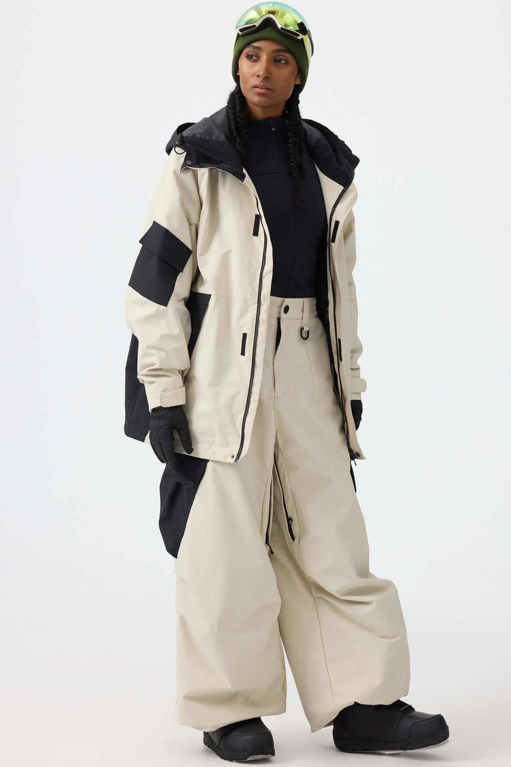 Women's Dark Gray Baggy Color-Blocked Ski Pants Cargo Pocket Snow Pants