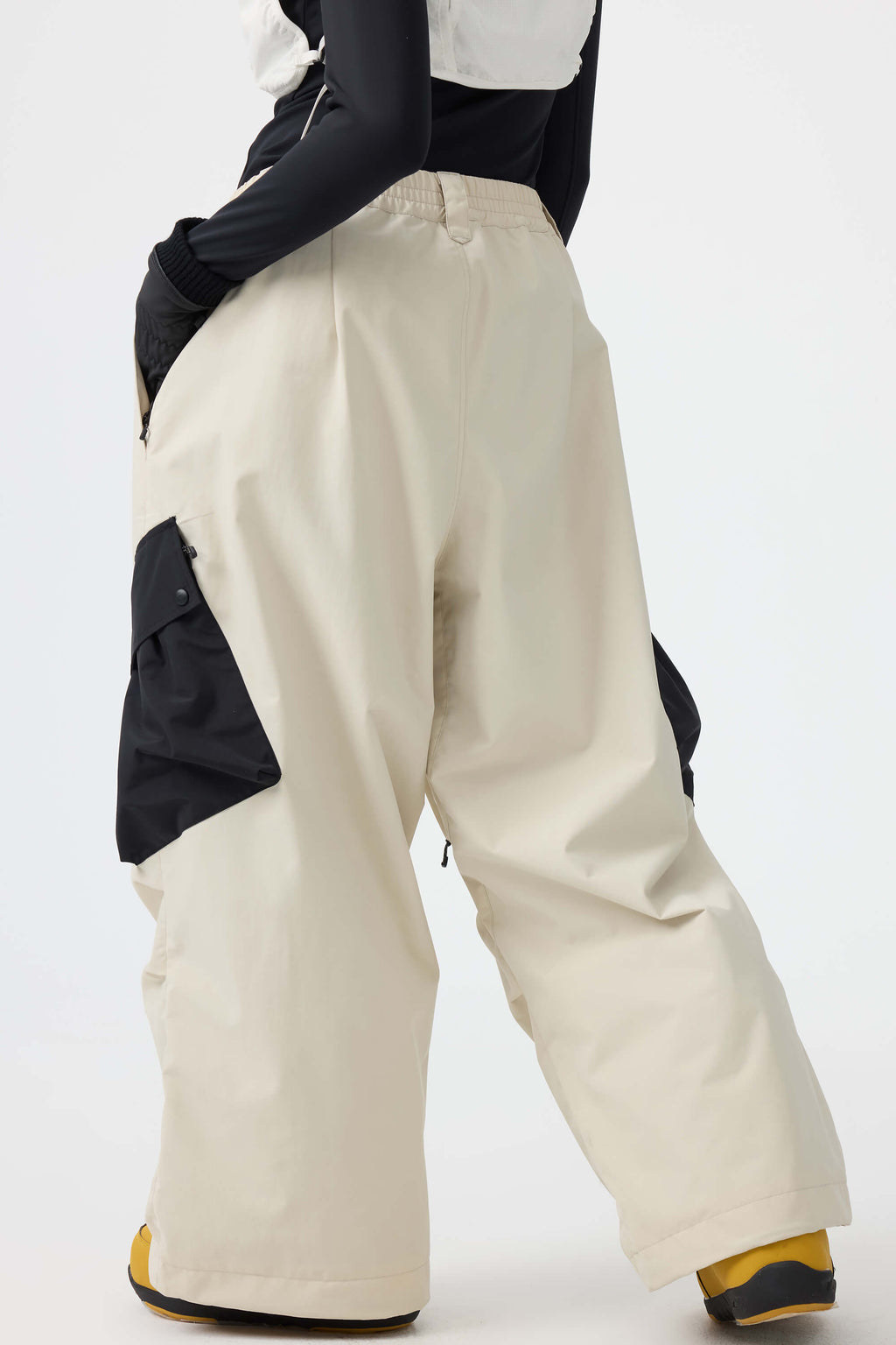 Women's Coffee Baggy Color-Blocked Ski Pants Cargo Pocket Snow Pants