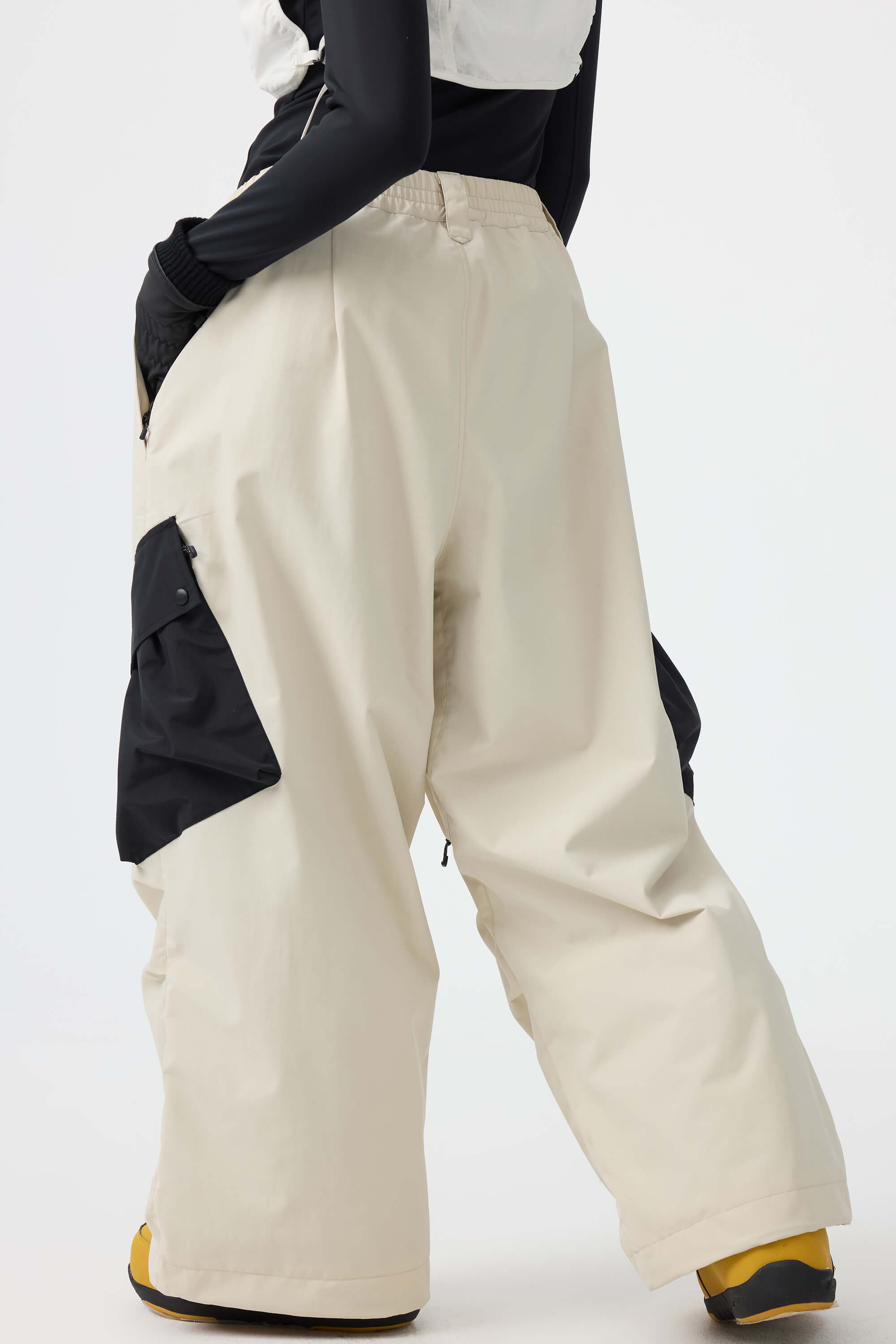 Women's Coffee Baggy Color-Blocked Ski Pants Cargo Pocket Snow Pants