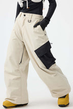 Women's Beige Baggy Color-Blocked Ski Pants Cargo Pocket Snow Pants