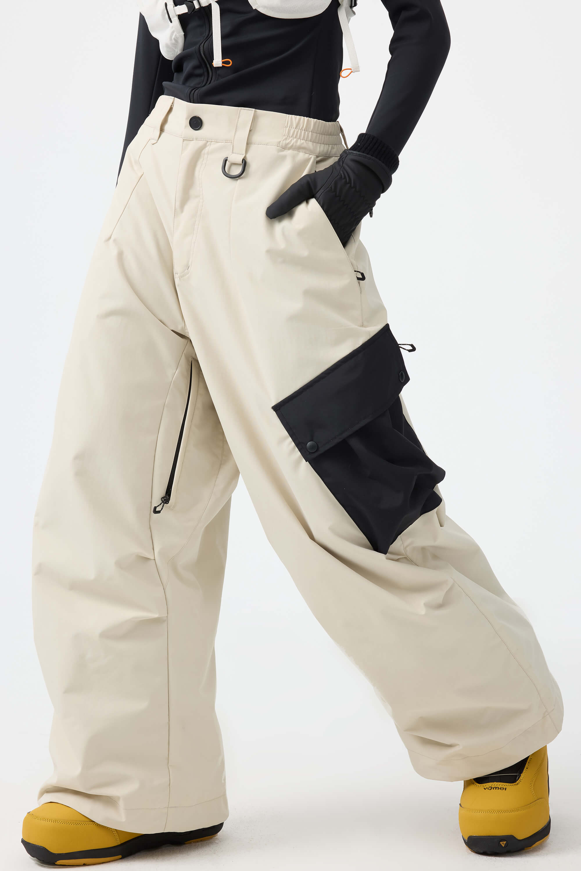 Women's Dark Gray Baggy Color-Blocked Ski Pants Cargo Pocket Snow Pants