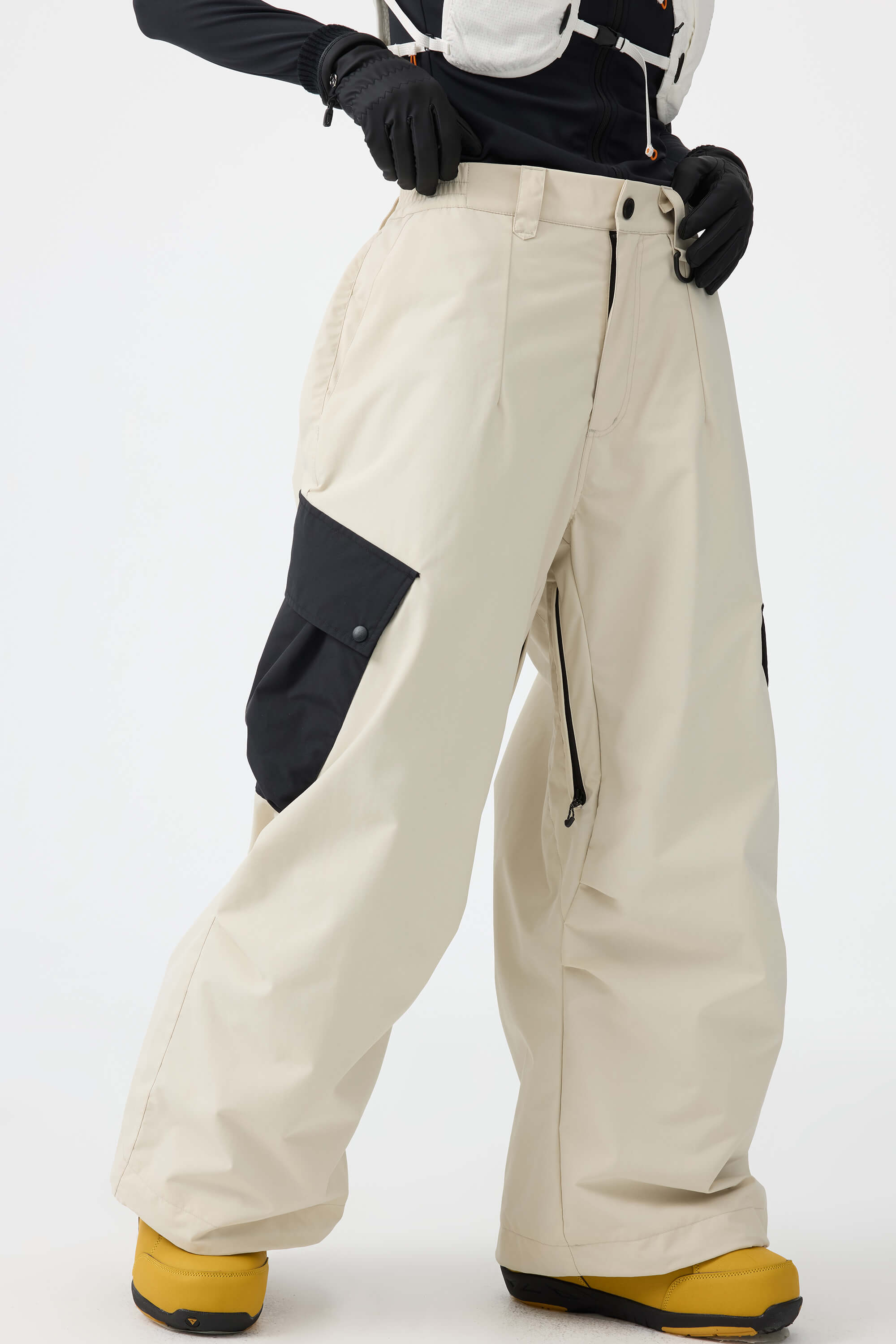 Women's Beige Baggy Color-Blocked Ski Pants Cargo Pocket Snow Pants