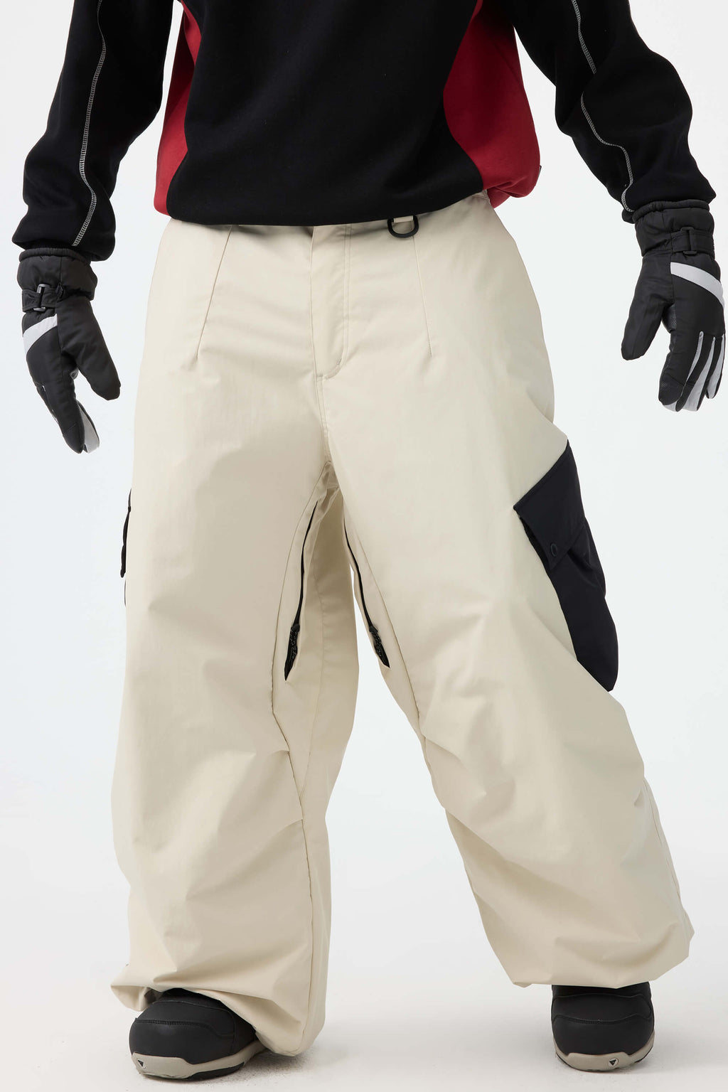 Men's Coffee Baggy Color-Blocked Ski Pants Cargo Pocket Snow Pants